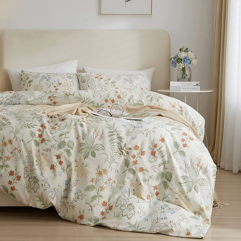 AMWAN Vintage Floral Duvet Cover Queen Garden Style Botanical Bedding Sets 100% Cotton White Floral Comforter Cover Chic Flower Leaf Botanical Duvet Cover Floral Queen Comforter Cover Set - Image 5